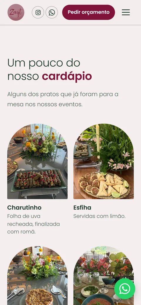 Cardápio do site da Zayt aberto no celular